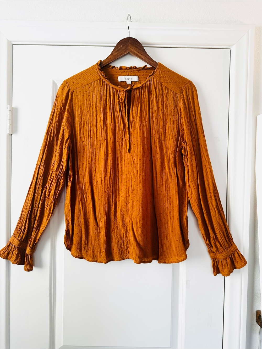 100% Rayon LOFT Burnt Orange Crinkle Tie Neck Blouse Fall Elevated Office Medium